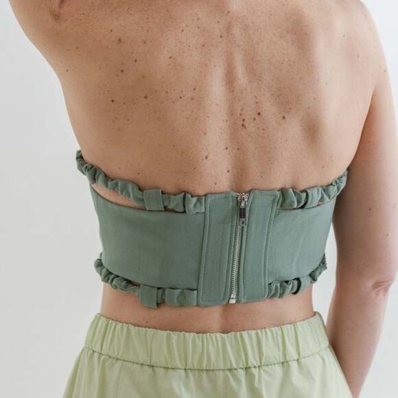 GANNI Women's Suiting Strapless Crop Top Green Bay 40 (8-10) NWT - Picture 6 of 11